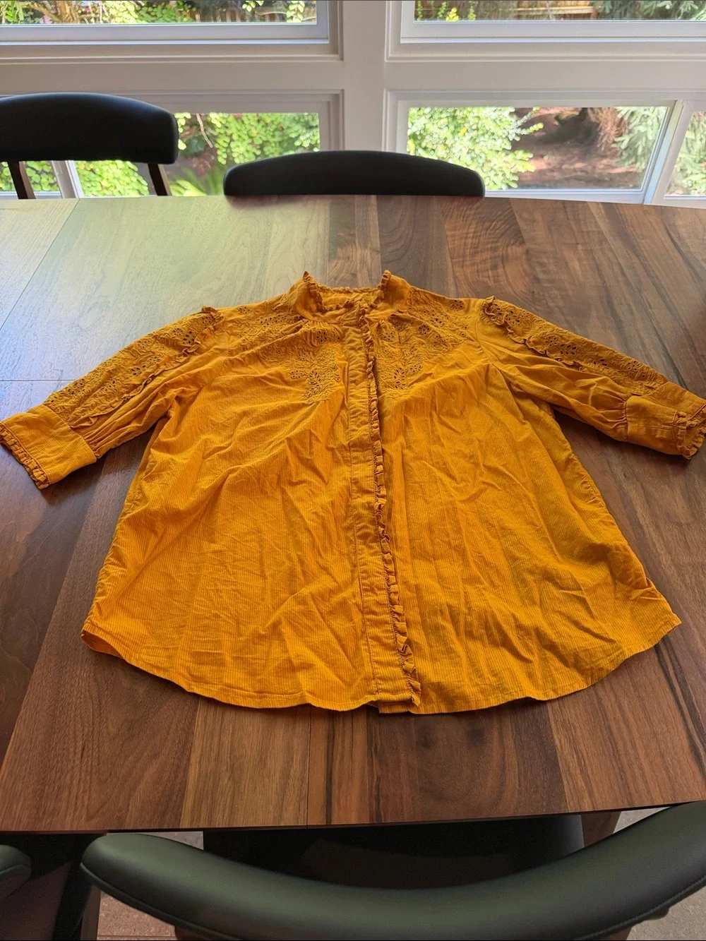 J. Crew S Mustard Yellow Embroidered Button-Front Blouse Cottagecore